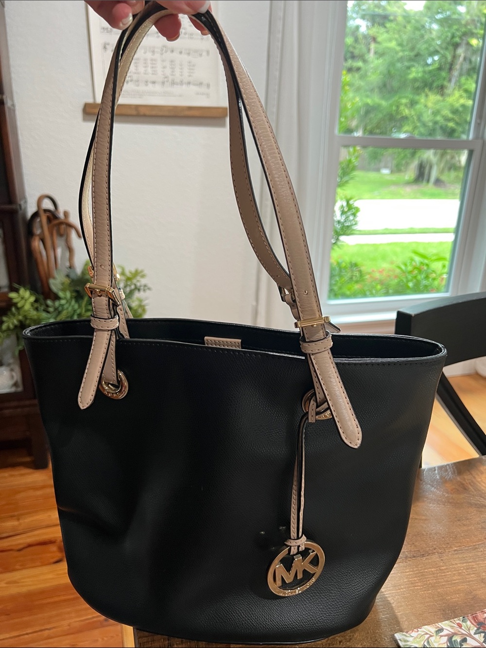Michael Kors Black Tote with Beige Straps and Gold MK Charm